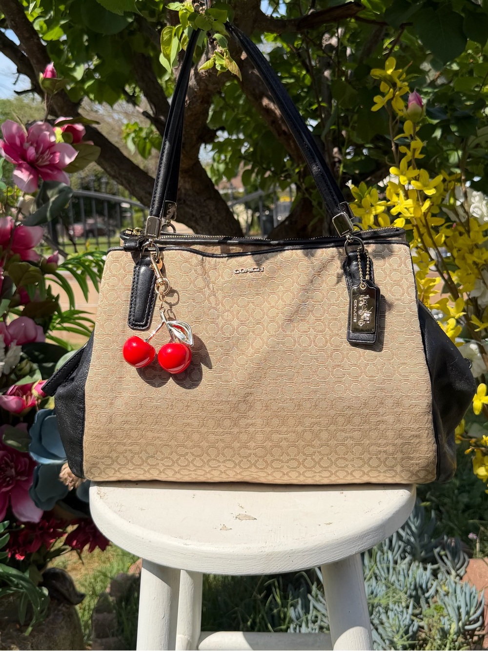 Beige and Black Tote Handbag with Cherry Charm